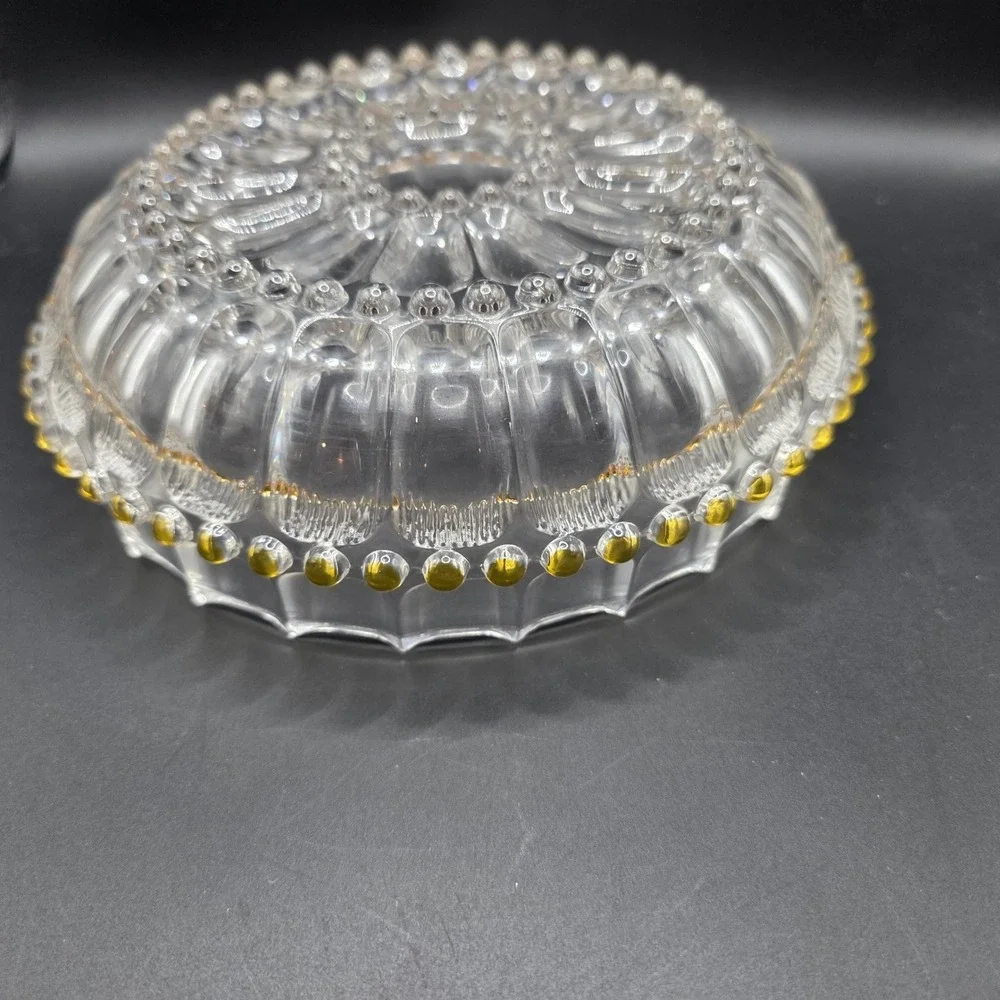 Vintage Pressed Glass Bowl Scalloped Edge Amber Bead Trim Clear Centerpiece 8.5